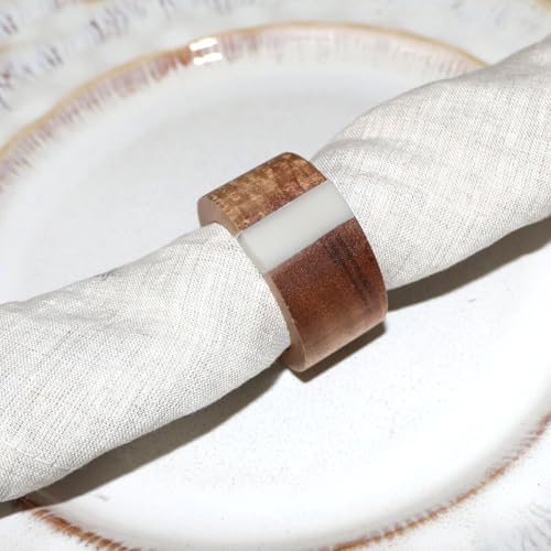 Wooden Napkin Rings Set of 8 for Dinning Table Decor - Acacia Wood Resin Napkin Holde for Cloth Napkin (Round Shape,Ivory Color) by JUSTEMI