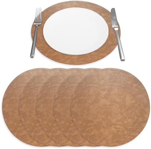 Placemats Set of 6 – Round 15” Faux Leather Table Mats for Dining, Heat Resistant & Non-Slip Washable Table Decor, Indoor, Outdoor, Dining Table Set for 6, Modern Kitchen & Holiday Use, Camel - Image 6