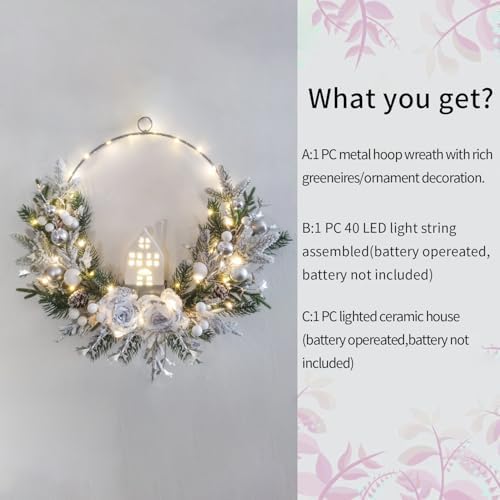 prelit Christmas Hoop Wreath with Lighted House,Farmhouse Winter Wreath with Lights,16inch Silver White Christmas Wreath for Front Door, Winter Xmas Holiday Porch Decor,Modern Mantel Decoration Gift - Image 2