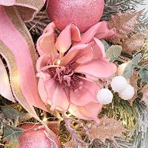 22inch Christmas Pink Wreath for Front Door with 30 LED Lights,Elegant Magnolia Christmas Door Wreath,Festive Holiday Decor, Frosted Winter Pink Decorations for Wedding - Image 6