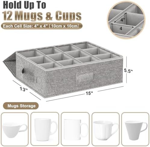 Coffee Mug Storage Box w/ Dividers, 2-Pack Stackable China Storage Containers w/ Hard Shell Top Sides Bottom, Coffee Mug Organizer w/ Lid, Handles & Lable Moving Supplies, Hold 24 Coffee Mugs,Tea Cups - Image 2