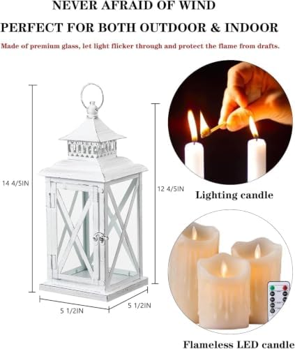 Lantern Decorative Indoor & Outdoor, 2 PCS 14.8''H Large Square Hanging Spring Home Decor, Vintage Metal Decorative Candle Lanterns for Outdoor Patio Wedding Party (White with Black Brush) - Image 3