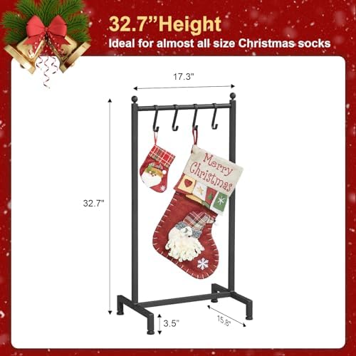 ELYKEN Christmas Stocking Holder Stand for Floor, Free Standing Stocking Rack with 4 Removable Hooks, Heavy Duty Metal Small Xmas Stocking Stand with Adjustable Feet, Black - Image 3