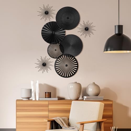 Lingvee Black 8 Pcs Wall Decor Round Modern Metal Plate Art - Image 2