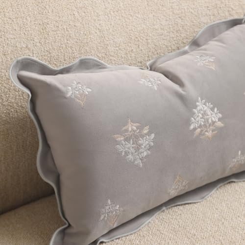 BlissBlush Long Lumbar Pillow Cover 14x36 for Bed, Light Gray Velvet Decorative Lumbar Pillow Cover, Floral Accent Cushion Cover with Embroidery and Scalloped Edge for Couch Sofa Bed, Cover ONLY - Image 7