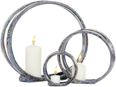 Deco 79 Ceramic Decorative Candle Holder Pillar 3 Plate Candle Stand, Set of 3 Candlestick Holder 13", 9", 6"H, Silver by Unknown