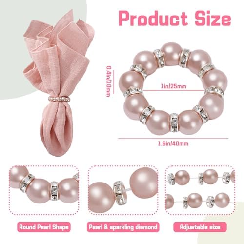 JarThenaAMCS 100Pcs Rose Gold Pearl Napkin Rings Stretched Pearl Beaded Napkin Holder Buckles Pearls Rhinestone Dinner Table Ring for Wedding Birthday Valentine's Day, 1.6 Inch - Image 2