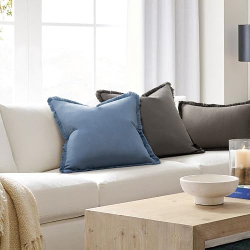 ZWJD Pillow Covers 22x22 Set of 2 Blue Throw Pillow Covers with Fringe Chic Cotton Decorative Pillows Square Cushion Covers for Sofa Couch Bed Living Room Farmhouse Boho Decor - Image 4