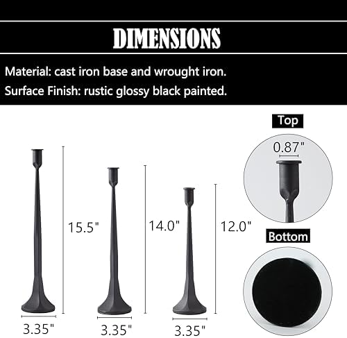 Denique Iron Taper Candle Holder Set of 3, Black Candlestick Holders Decorative Candle Stand, Tapered Candle Holders Tall Set for Wedding, Dining Table, Home Decoration (Black) - Image 2