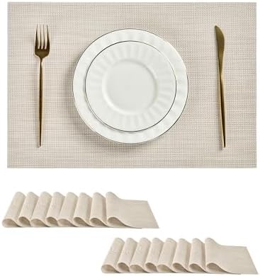 Leetaltree Beige White Placemats Set of 16 - Heat Resistant Non-Slip Place mats for Dining Table, Washable Durable PVC Vinyl Woven Table Mats(Beige White, 16) by Leetaltree-ArtatEveryTable