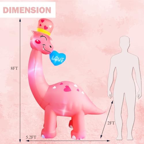 BLOWOUT FUN 8 Ft Valentine's Day Inflatable Dinosaur Light Up Decoration Blow Up Brachiosaurus for Birthday Wedding Anniversary Party Decor - Image 6