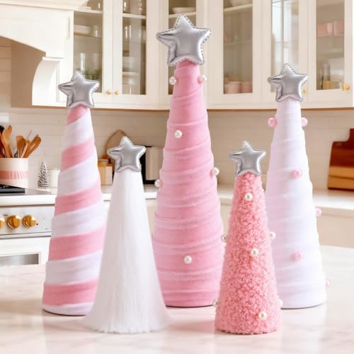 Realspring 5 Pcs Pink White Velvet Christmas Cone Tree Table Decoration - Image 2