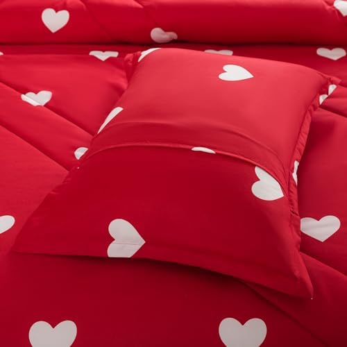 Caressma Love Comforter Set Full Size - Cute White Heart Print Red Bedding Comforter 3 Pieces Matching Pillowshams - Image 6