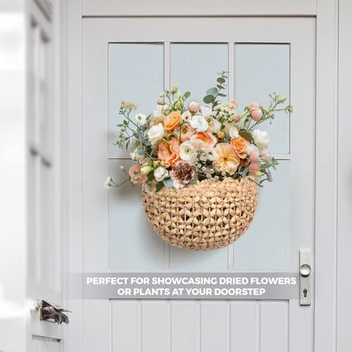 Handwoven Water Hyacinth Scalloped Hanging Basket, Wall Basket Hanging for Flowers Front Door Entryway, Living Room Scalloped Décor Wall Hanging Baskets 16" x 10" x 7", Boho Hanging Storage (Natural) - Image 4