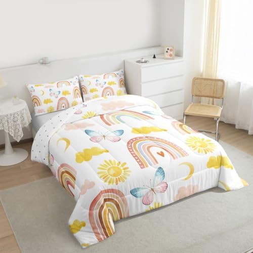 Rainbow Comforter Set King Size, Girls Butterfly Bedding Sets, Cartoon Rainbow Quilt Sets, Colorful Sun Clouds Comforters, Iridescent Print Down Comforter, Geometric Stripes Soft Lightweight Bedding - Image 3