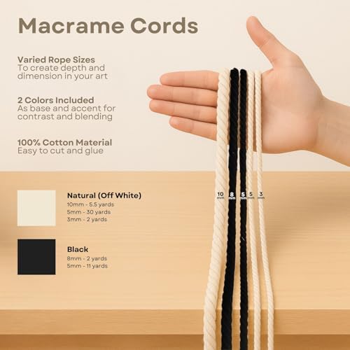 Macrame Kit for Beginners - DIY Rope Canvas Wall Art Kit with Ropes Supplies & Tools | DIY Macrame Art Wall Hanging Decor Starter Set, Craft Kits for Adults, Boho Aesthetic Home Decoration (Black) - Image 5