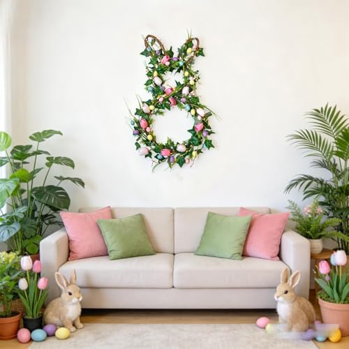 28 Inch Easter Bunny Wreath for Front Door, Tulip Easter Egg Wreath with Colorful Berries, Spring Floral Wreaths for Home Wall Window Farmhouse Decor - Image 6