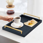 XIGEXIGE Black Faux Leather Serving Tray, 17x12 inches, Brushed Gold Handles, Decorative Tray for Ottoman Coffee Table, Living Room, Kitchen, Bathroom - Image 7