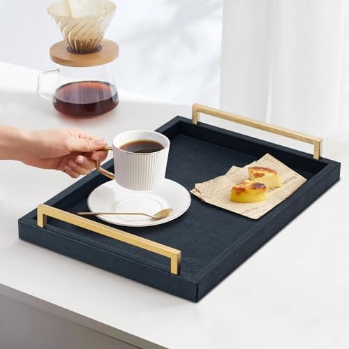 XIGEXIGE Black Faux Leather Serving Tray, 17x12 inches, Brushed Gold Handles, Decorative Tray for Ottoman Coffee Table, Living Room, Kitchen, Bathroom - Image 7