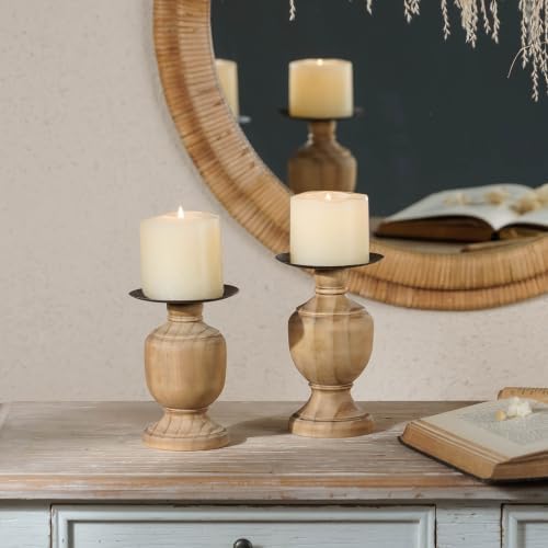 NIKKY HOME Farmhouse Wooden Pillar Candle Holders Set of 2, Mantel Decor - Image 2
