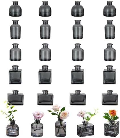 Glasseam Mini Bud Vases for Centerpieces: Clear Small Flower Vase Set of 20 Cute Tiny Glass Table Centerpieces Modern Wedding Birthday Party Baby Shower Dining Room Decoration Black Grey by Glasseam