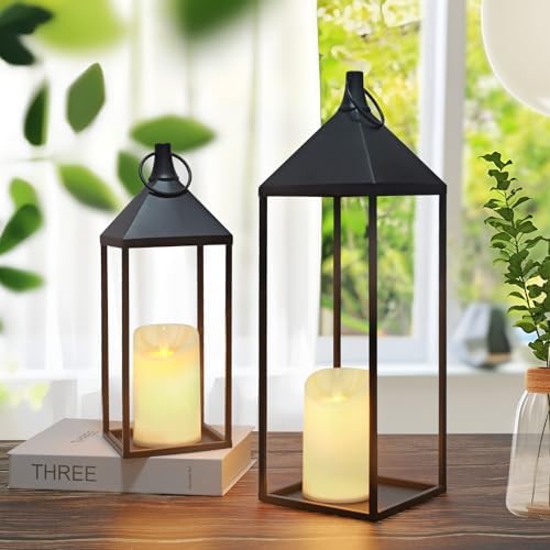 17" 13" Modern Farmhouse Candle Lantern Decor Set of 2 Black Metal Candle Lanterns with Flameless Candles, Lanterns Decorative Indoor for Fireplace Mantle Table Outdoor Lanterns for Patio Porch Garden - Image 2