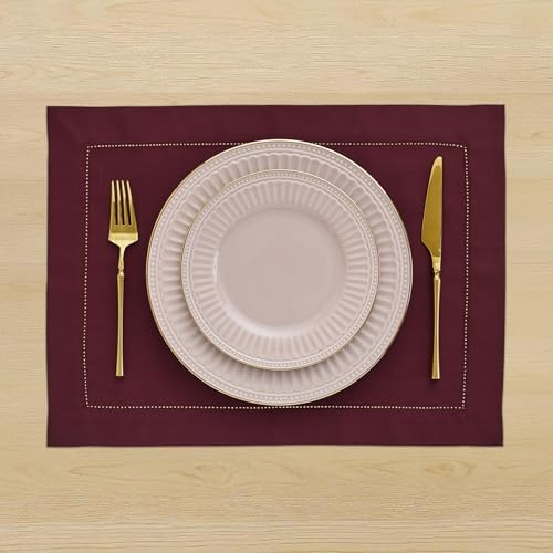 Solino Home Cotton Linen Placemats Wine Hemstitch, 14 x 19 in, Set of 4 - Image 2