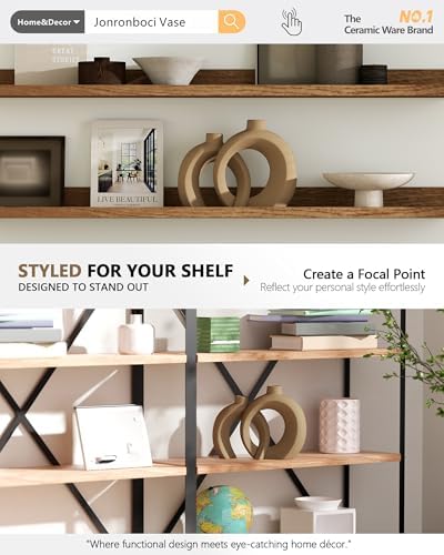 Set of 2 Brown Ceramic Vases for Home Decor Accents - Unique Hollow Donut Artistic Design Rustic Farmhouse Style Decorative Vases for Shelf, Mantel, Entryway Table Decor (Matte Brown) - Image 6