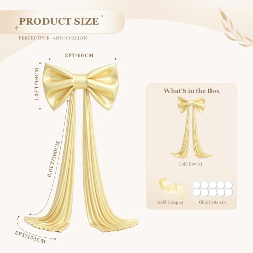 Big Gold Bow for Backdrop, 24"x16" Large Gold Bow Decorations with 80" Ribbon Drape for Birthday Wedding Baby Shower Photography Valentine's Day Christmas Decorations - Image 4