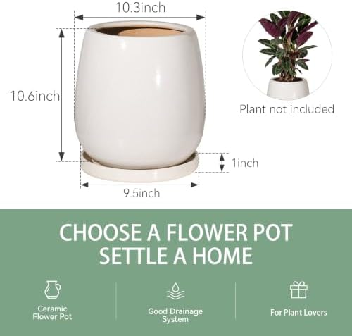 10.3 Inch Ceramic Glaze Plant Pot with Saucer, Flower Pots with Drainage Hole Mesh Net(Hemp-Gray Dot) - Image 5