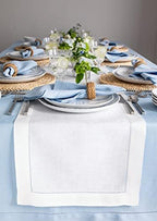 Solino Home 100% Linen Table Runner White, Classic Hemstitch 14 x 132 in by SolinoHome