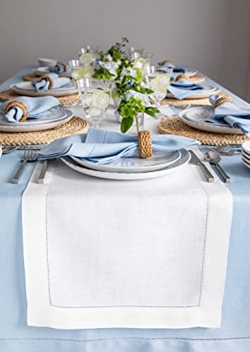 Solino Home 100% Linen Table Runner White, Classic Hemstitch 14 x 132 in by SolinoHome