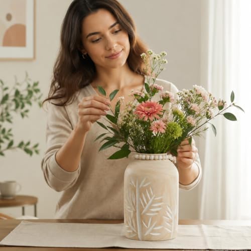 Room Decor Flower Vase，Farmhouse Wood Vases Home Decor，Living Room Centerpieces for Tables Decorations,Ceramic Flower Pot for Shelf Kitchen Counter,Laundry Office House Bedroom Cottage Core Decor - Image 6