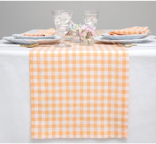 Solino Home 100% Pure Linen Table Runner Orange, Gingham Check 14 x 108 in by SolinoHome