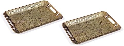 16" Rectangular Metal Tray with Filigree Decor Set of 2 in Champagne Gold for Farmhouse and Industrial Loft, for Coffee Or Dinner Table. to Store Candles, Perfume Or As A Serving Tray (Gold, 2) by Unknown
