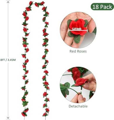 18 Pack 144 FT Artificial Flower Garland Fake Red Roses Vines Silk Flowers - Image 3