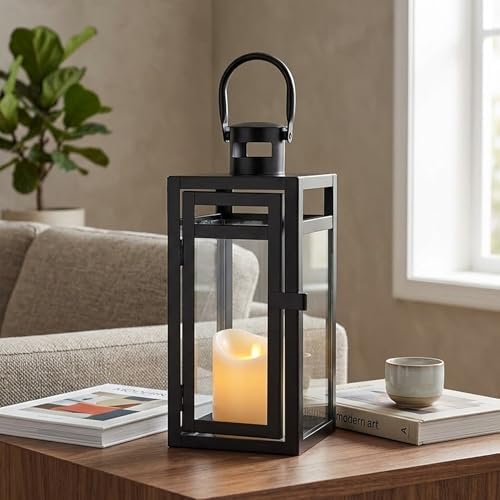 TRIROCKS Metal Candle Lantern 12'' High Decorative Outdoor Lantern Hanging Lantern with Tempered Glass for Christmas Home Decor Living Room Parties Events Tabletop Indoors Outdoors (Black Matte) - Image 5