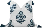 Blue Floral Hand Embroidered 20x20 Pillow Cover, Ivory by YugTex