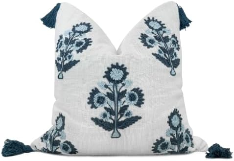 Blue Floral Hand Embroidered 20x20 Pillow Cover, Ivory by YugTex
