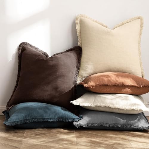 MIULEE Linen Fringe Decorative Fall Euro Pillow Covers Dark Brown 24x24 - Image 6