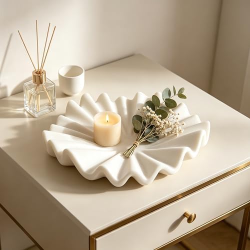 Marble White Stone Decorative Bowl, 10 Inch Modern Ruffled Wavy Tray Decor - Image 5