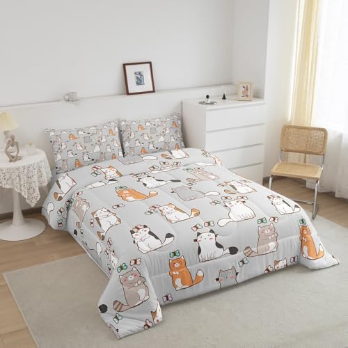 Cartoon Cat Bedding Set King For Kids Boys Girls, Butterfly Decor Comforter Room Decor, Kawaii Animal Kitten Duvet Set Cute Pet Theme Down Comforter, White Gray Orange Garfield Bedding Comforter Sets - Image 2