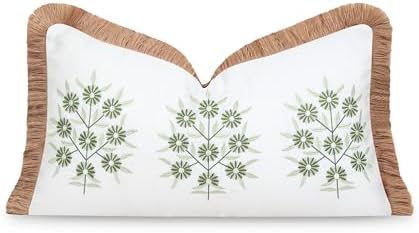 Hofdeco Premium Coastal Patio Indoor Outdoor Lumbar Pillow Cover Only, 12"x20" Water Repellent for Backyard, Couch, Green Embroidered Floral with Fringe by HofdecoPremium