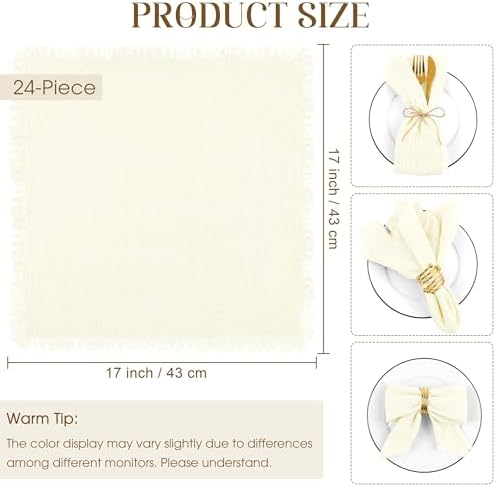 TURSTIN 24 Pieces Cotton Linen Cloth Napkin Handmade Cloth Napkin with Fringe 17 x 17 Inch Soft Cloth Dinner Wedding Napkin Square Rustic Fringe Table Napkin for Dinners, Parties, Weddings, Ivory - Image 2