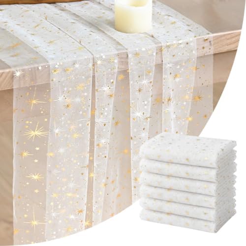 Artoid Mode 6PC Gold Stars Beige Gauze Table Runner 120 Inch 10FT, Reversible Glitter Sheer Dining Wedding Holiday Birthday Table Decor for Home Party by ArtoidMode