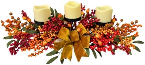 25 Inch Fall Candle Holder Centerpiece with Berry Branches and Bow by Unknown
