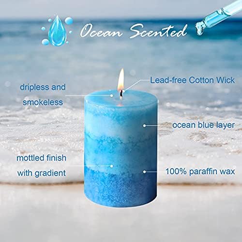 3x4 Inche Pillar Candles Ocean Scented Aromatherapy Candles Long Lasting Burn Blue Mottled 3-Layered Candles for Home Scented, SPA, Restaurant, Set of 3, Immeiscent - Image 2