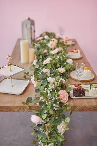 Anna's Whimsy 2PCS 5.91FT Artificial Eucalyptus Garland with Flowers, Fake Rose Gypsophila Garland, Faux Floral Garlands Greenery for Wedding Spring Home Party Table Runner Decor (Pink) - Image 6