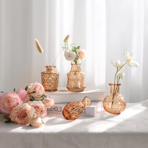 Amber Glass Vase Set of 12, Clear Bud Vases in Bulk, Mini Vases for Flowers, Small Flower Vases for Centerpieces, Vintage Decorative Embossed Vase for Home Decor, Wedding Table Decoration - Image 3