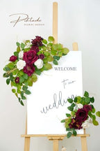 Wedding Decor (Pack of 2) Welcome Sign Flower Backdrop Garland for Ceremony Reception Wall Easel Home Decoration Entryway Faux Outdoor Board Head Table Decor (Burgundy & White) - Image 2
